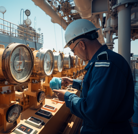 Tekniker i arbeid ombord på skip – Bruusgaard leverer løsninger for gassdeteksjon og sikkerhet i maritim industri.